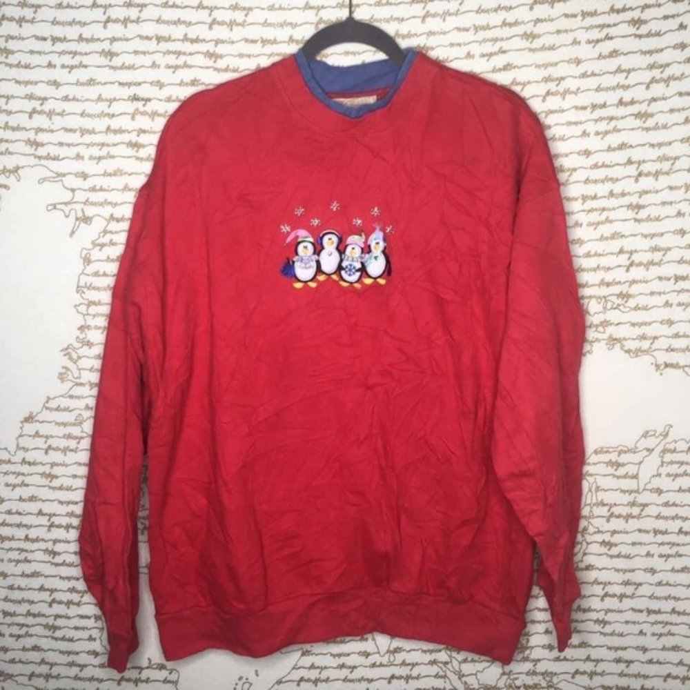 Vintage Size XL Red Holiday Penguin Crewneck Sweatshirt